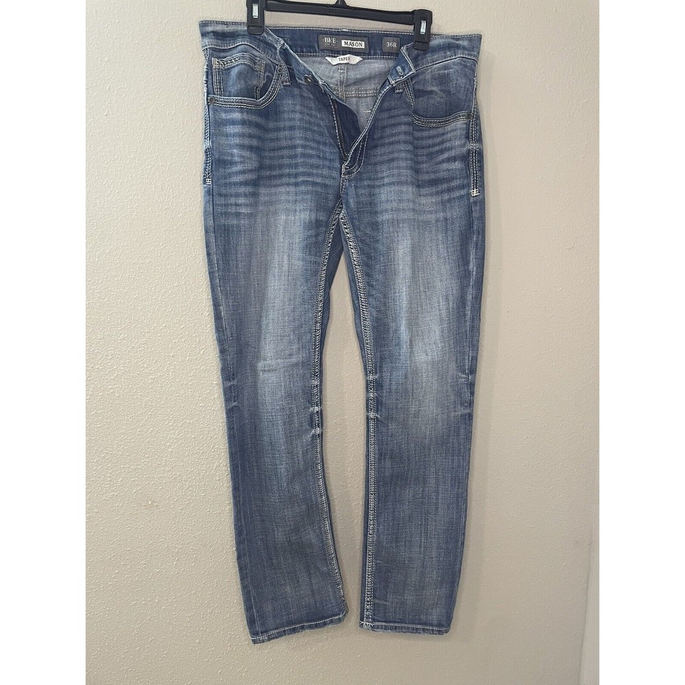 BKE Mason Mens Jeans Taper Blue Denim Buckle Flex Faded Pants